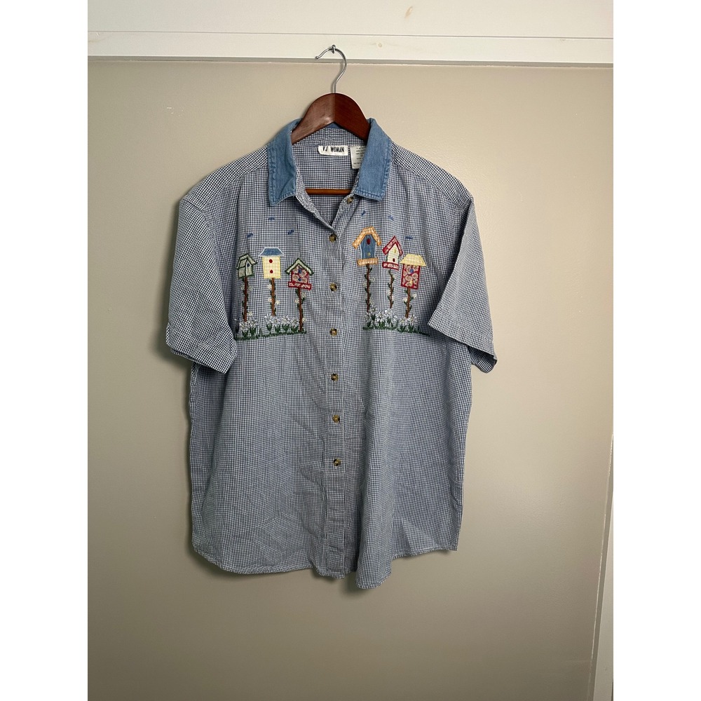 Vintage 90's Birdhouse Embroidered Shirt Women 22 Blue Gingham EUC Denim Collar